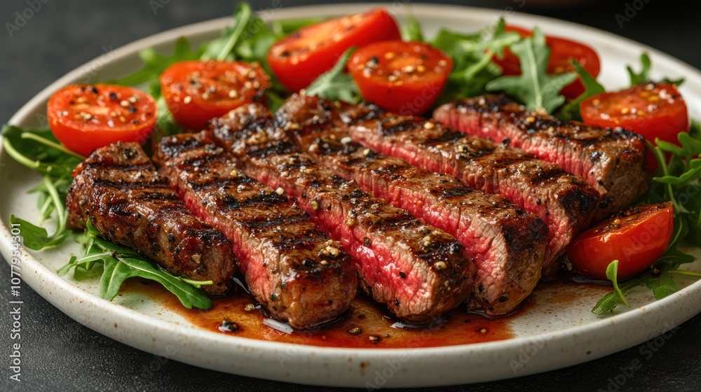 Grilled steak sliced on a plate with arugula and cherry tomatoes. Grilled steak sliced on a plate with arugula and cherry tomatoes.