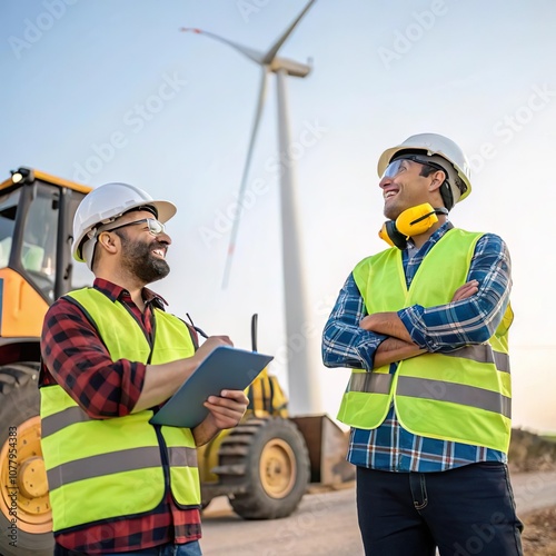 Zwei Ingenieure in Sicherheitswesten und Helmen diskutieren vor einer Windkraftanlage auf einer Baustelle photo