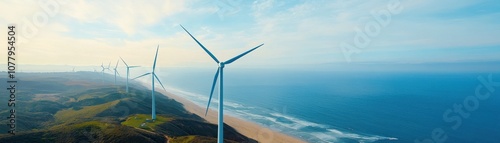 Aerial View of Wind Turbines Scattered Along the Coastal Landscape, Featuring Blue Ocean Waters and Green Rolling Hills Under a Clear Sky photo