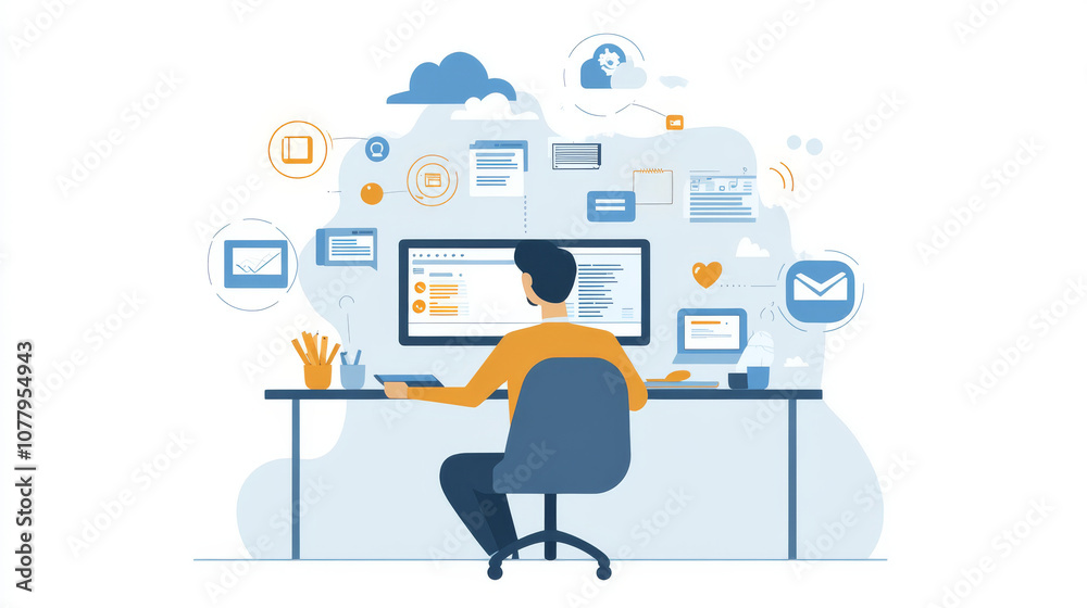 A small business owner setting up a virtual office with online collaboration tools, cloud storage, and video conferencing, ensuring seamless remote operations A small business owner setting up a virtual office with online collaboration tools, cloud storage, and video conferencing, ensuring seamless remote operations