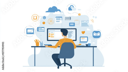 A small business owner setting up a virtual office with online collaboration tools, cloud storage, and video conferencing, ensuring seamless remote operations