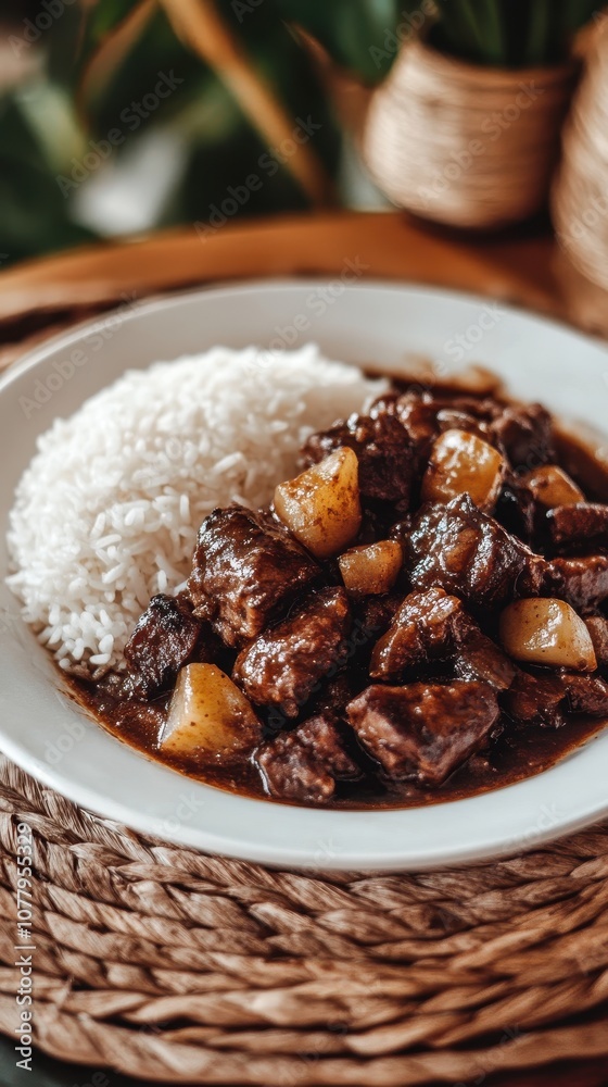 Enjoy a hearty serving of Filipino adobo accompanied by fluffy rice in a cozy, rustic environment Enjoy a hearty serving of Filipino adobo accompanied by fluffy rice in a cozy, rustic environment
