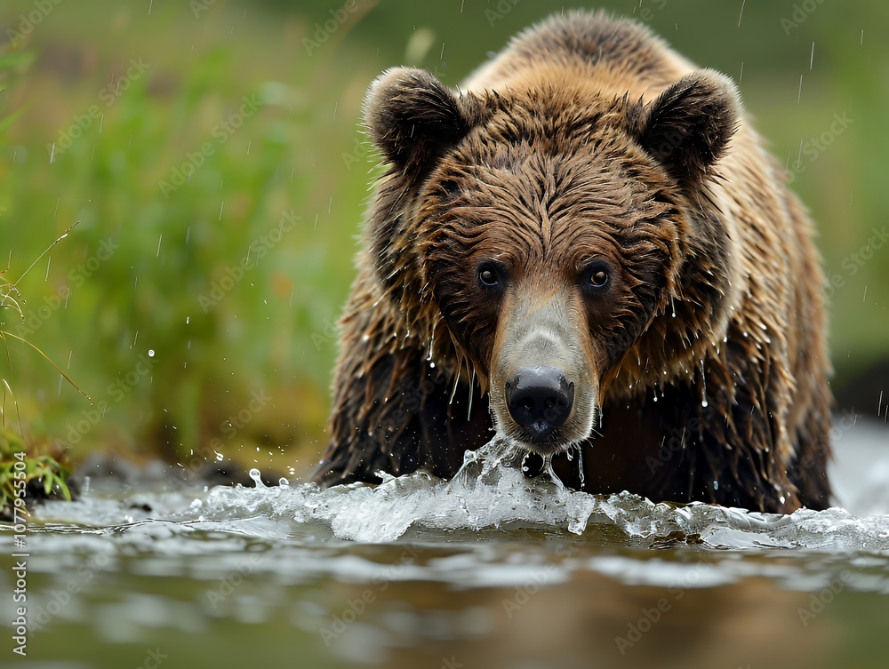 A Large Brown Bear Wades Through a River