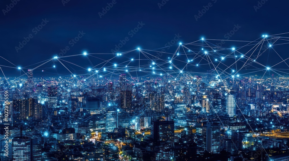 A city skyline at night connected by digital network lines, symbolizing technology and connectivity. A city skyline at night connected by digital network lines, symbolizing technology and connectivity.