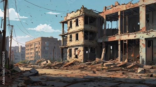 anime style background of destroyed buildings in city ruins. generative ai