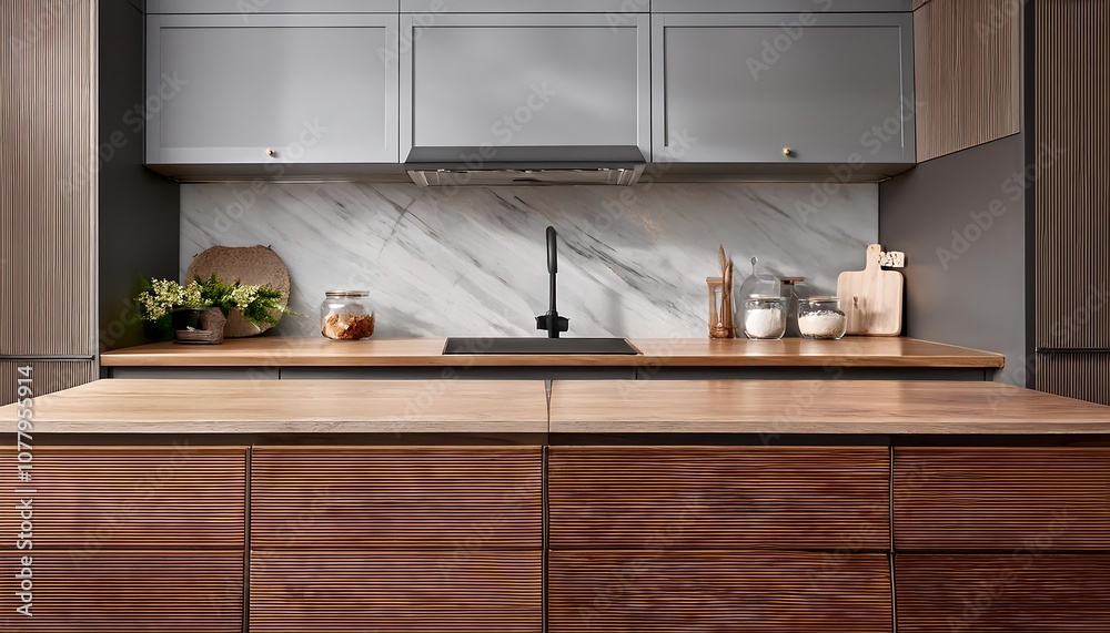 Modern kitchen interior with wood cabinets, stainless steel appliances, and a sleek island countertop Modern kitchen interior with wood cabinets, stainless steel appliances, and a sleek island countertop