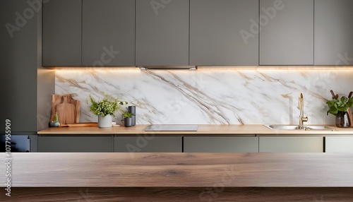 Modern kitchen interior with wood cabinets, stainless steel appliances, and a sleek island countertop