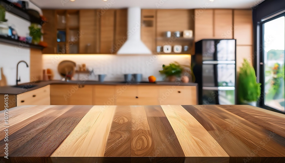 Modern kitchen interior with wood cabinets, stainless steel appliances, and a sleek island countertop Modern kitchen interior with wood cabinets, stainless steel appliances, and a sleek island countertop