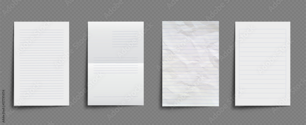 Obraz premium White old line pattern paper with wrinkle effect isolated on background. Fold notebook page for note mockup illustration. Realistic rough school poster with crease texture. Folded journal letter