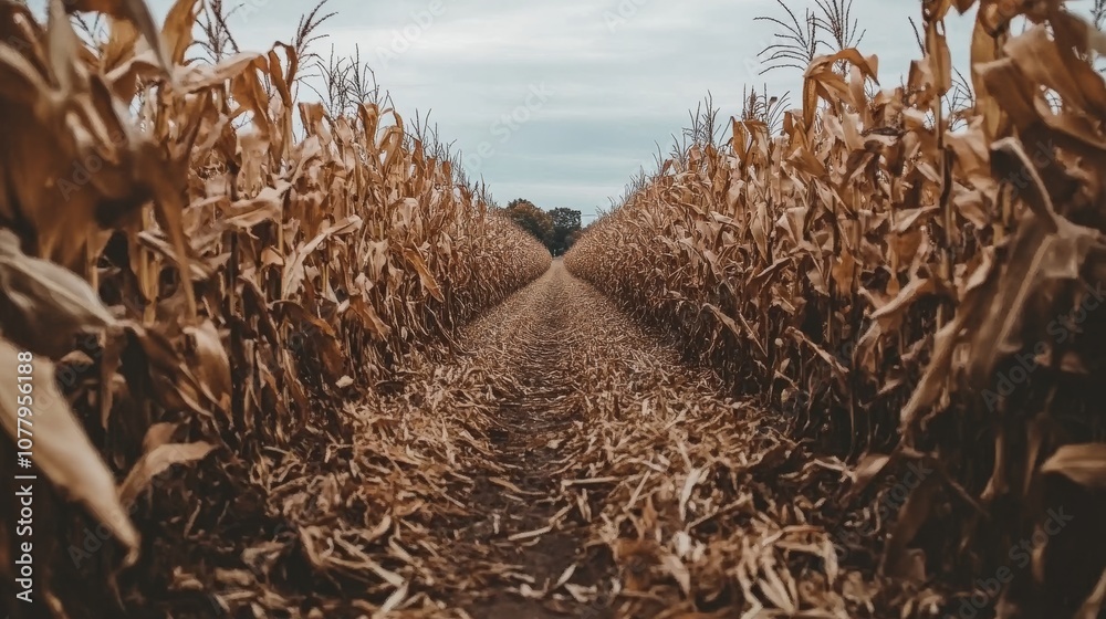 A Path Through a Dried Cornfield, Nature, Autumn A Path Through a Dried Cornfield, Nature, Autumn