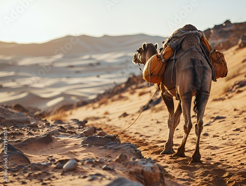 Camel Walking Through Desert Dunes photo