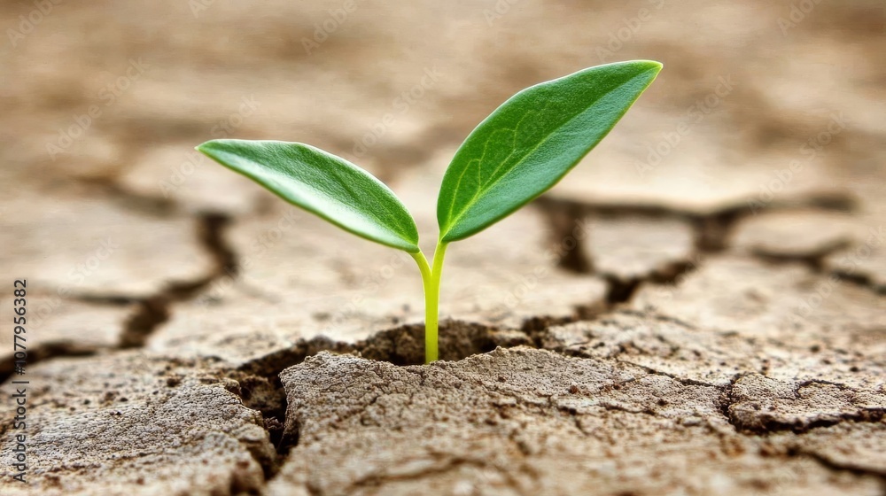 A Single Green Sprout Emerging From Cracked Earth, Hope, Resilience, Growth, Nature, Life, New Beginnings