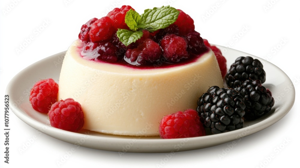 Creamy panna cotta dessert with fresh berries and mint garnish for spring indulgence Creamy panna cotta dessert with fresh berries and mint garnish for spring indulgence