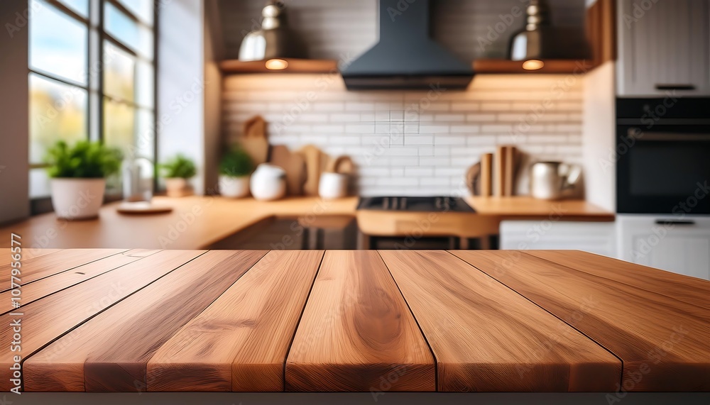 Modern kitchen interior with wood cabinets, stainless steel appliances, and a sleek island countertop Modern kitchen interior with wood cabinets, stainless steel appliances, and a sleek island countertop