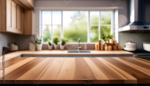 Modern kitchen interior with wood cabinets, stainless steel appliances, and a sleek island countertop