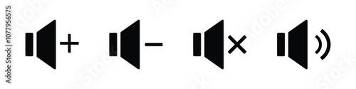 speaker icon set. sound on and mute button with volume increase and decrease symbol. icons for player, video, app, ui design element. transparent png and vector illustration.