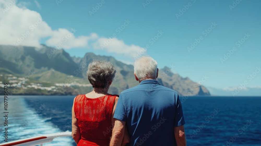 Fototapeta premium A couple enjoying a scenic view from a boat, surrounded by mountains and ocean.