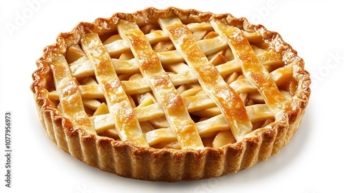 Detailed image of American apple pie with a golden flaky crust and a warm cinnamonspiced apple filling served on a white background photo