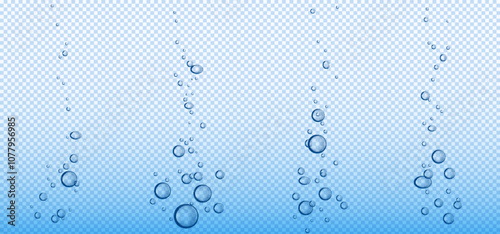 Air bubbles fizzy water isolated on transparent background. Vector realistic illustration of oxygen sparkles rising underwater, effervescent tablet in liquid, carbonated drink splash, diving effect