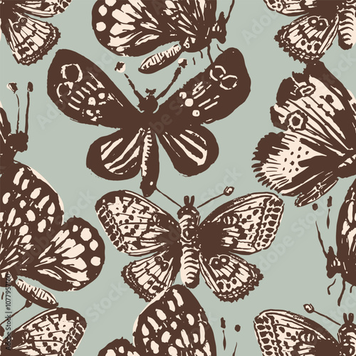 Ink painted butterflies placed randomly in one direction in dark brown, off white and mint green color palette. A seamless vector pattern. Great for home decor, fabric, wallpaper, gift wrap,stationery