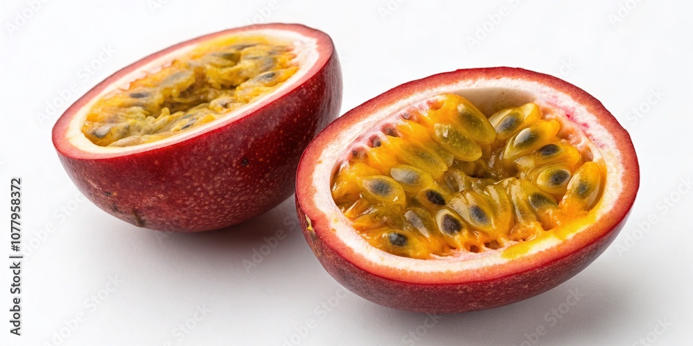Fresh Red Passion Fruit with Vibrant Yellow Pulp Isolated on White Background, Perfect for Culinary Uses, Healthy Eating, Tropical Fruit Displays, and Food Photography Fresh Red Passion Fruit with Vibrant Yellow Pulp Isolated on White Background, Perfect for Culinary Uses, Healthy Eating, Tropical Fruit Displays, and Food Photography