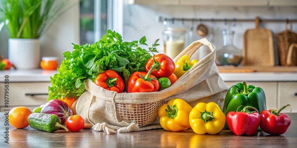 Fresh Produce in a Reusable Bag on Kitchen Counter: A Sustainable Choice for Healthy Living and Cooking with Colorful Fruits and Vegetables Fresh Produce in a Reusable Bag on Kitchen Counter: A Sustainable Choice for Healthy Living and Cooking with Colorful Fruits and Vegetables