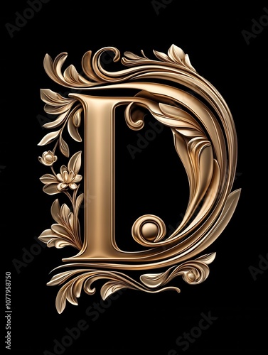 Gold letter D. Elegant Graceful logo. Calligraphic beautiful style. Ornate monogram. Vintage emblem for book design, brand name, business card, Restaurant, Boutique, Hotel. Generated by AI