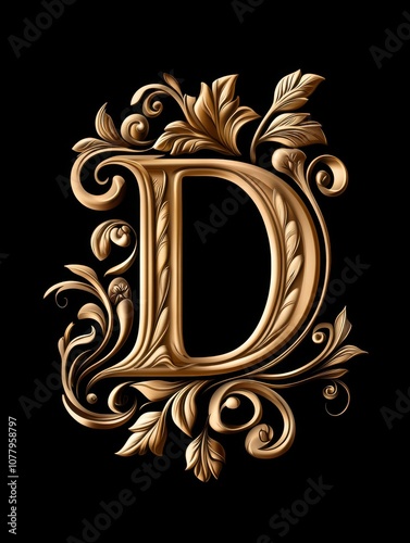 Gold letter D. Elegant Graceful logo. Calligraphic beautiful style. Ornate monogram. Vintage emblem for book design, brand name, business card, Restaurant, Boutique, Hotel. Generated by AI