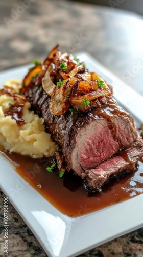 Delicious german rouladen with mashed potatoes and gravy in a cozy dining scene photo