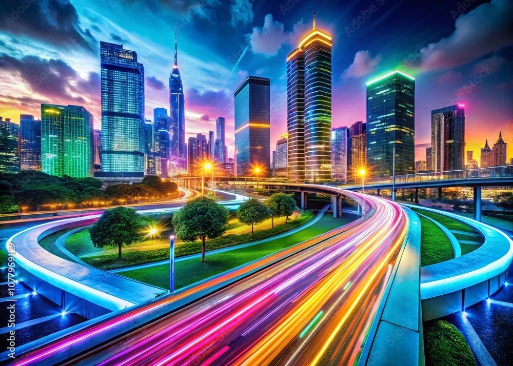 Obraz premium Futuristic Digital Landscape with Dynamic Pathways Illustrating Movement and Progress in a Vivid Panoramic View of Advanced Technology and Urban Development