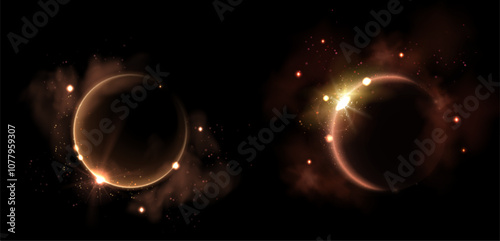 Gold solar eclipse light effect. Moon flare ring glow. Total lunar aureole for horizon galaxy background. Golden led crescent halo with bright sparkle for shiny astrology design. Abstract globe aura