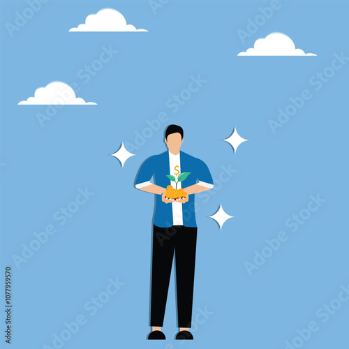 Businessman conducting the growth of money plants
