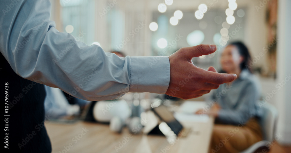 Obraz premium Hand, back and meeting in office with person, group or presentation for feedback at startup company. Speaker, leader and team in boardroom for discussion, planning or brainstorming at creative agency