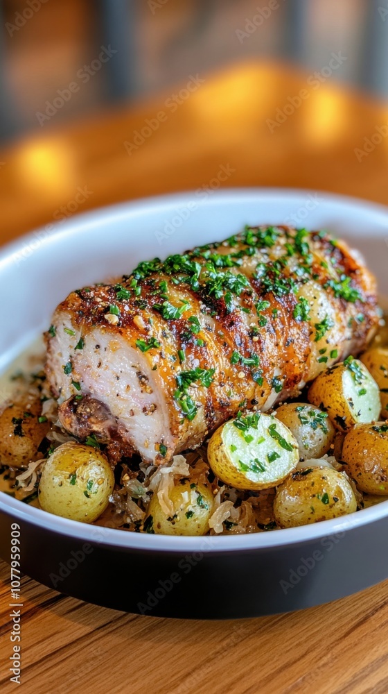 Delicious roasted pork knuckle with crispy golden potatoes and fresh herbs Delicious roasted pork knuckle with crispy golden potatoes and fresh herbs
