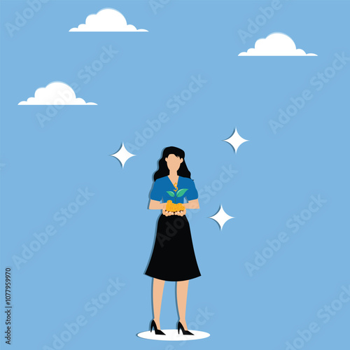 Businesswoman conducting the growth of money plants