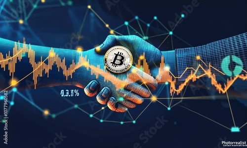 Two hands shaking with a bitcoin in the middle against a glowing blue, orange and green background.