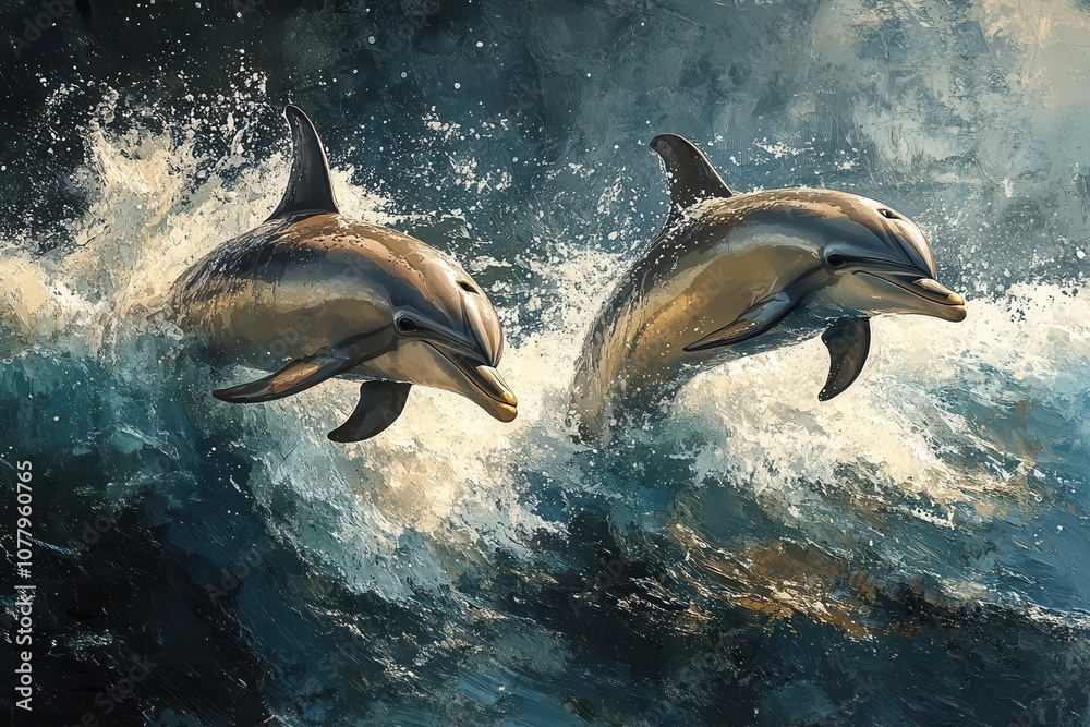 Fototapeta premium two dolphins leaping gracefully out of the ocean under a bright sun capturing the joy and playfulness of marine life against a backdrop of sparkling blue waters