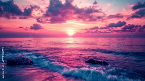 Vibrant sunset over ocean with pink and