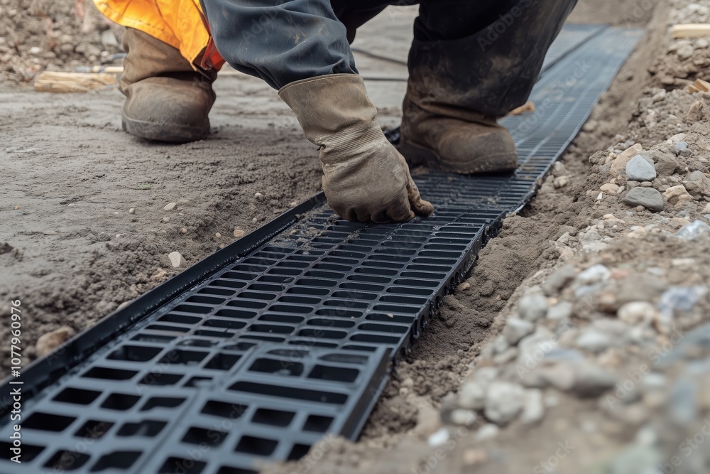Laying paving slabs. A worker lays a drain grate on a drainage channel. Laying paving slabs. A worker lays a drain grate on a drainage channel.