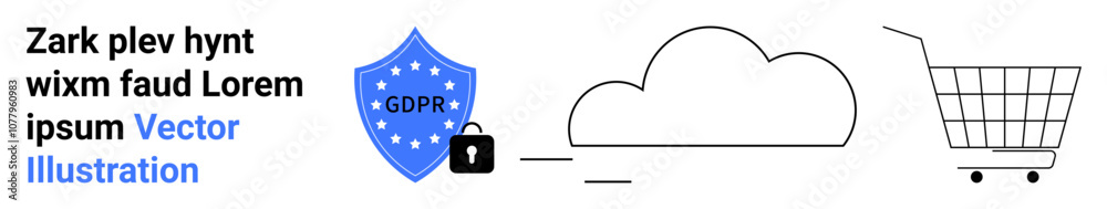 Shield with GDPR badge, lock, cloud, and shopping cart highlighting data security and compliance. GDPR compliance, cloud storage, e-commerce, and sensitive data protection. Ideal for web security Shield with GDPR badge, lock, cloud, and shopping cart highlighting data security and compliance. GDPR compliance, cloud storage, e-commerce, and sensitive data protection. Ideal for web security