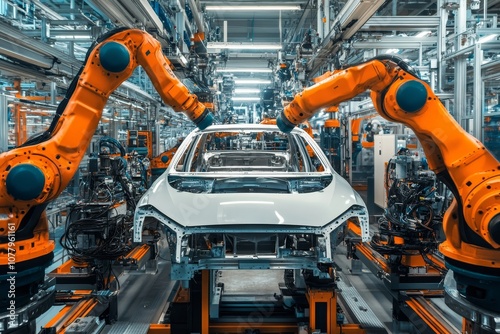 Modern car manufacturing  an industrial robot painting a passenger car s body in a factory photo