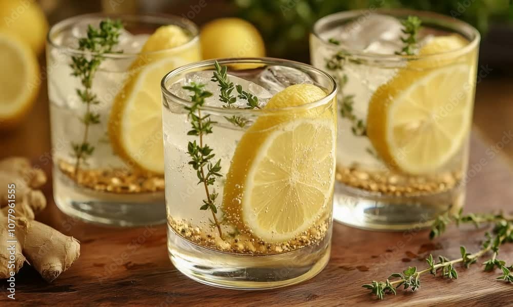 Lemon mojito with ice cubes and lemon slices in a glass Lemon mojito with ice cubes and lemon slices in a glass
