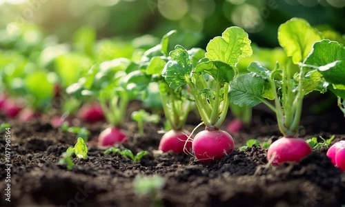 Pink radishes in the soil in a garden photo