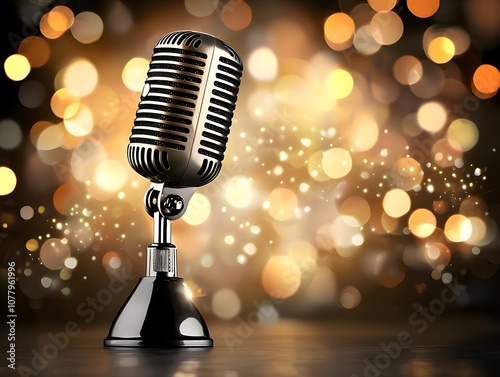 Vintage microphone on a bokeh background, ideal for music or performance themes.