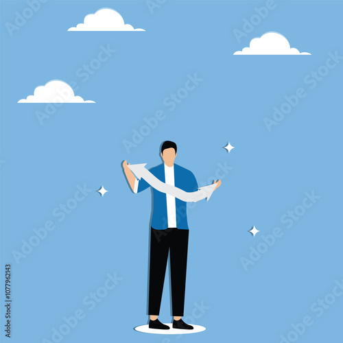 The businessman's two hands struggle to hold down the arrow of outward expansion, compressing or reducing budgetary costs