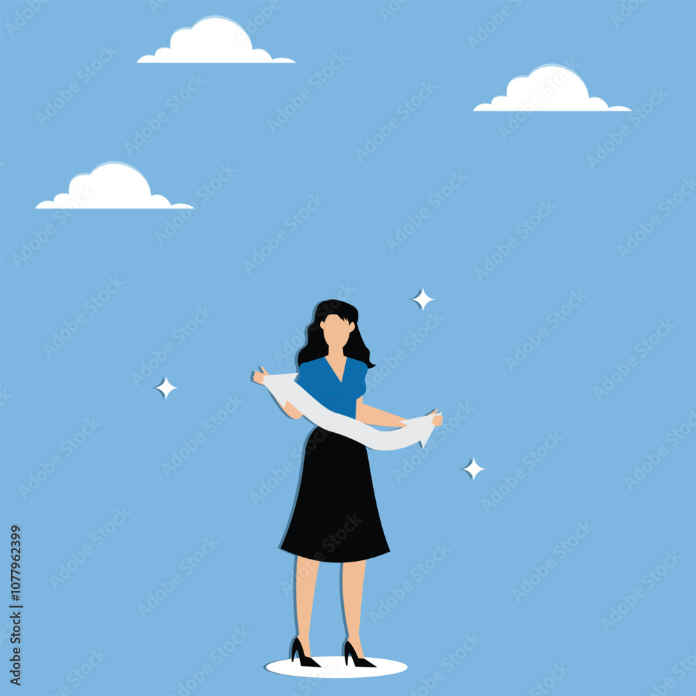 The businesswoman's two hands struggle to hold down the arrow of outward expansion, compressing or reducing budgetary costs The businesswoman's two hands struggle to hold down the arrow of outward expansion, compressing or reducing budgetary costs