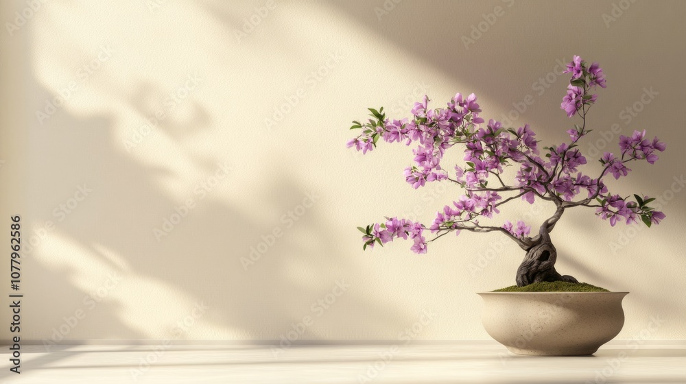 Fototapeta premium Minimalist decor setup featuring bonsai plant with soft purple flowers on beige background, exuding tranquility