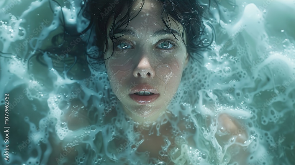 Woman in a Bath with Foam and Bubbles, Relaxing and Serene Woman in a Bath with Foam and Bubbles, Relaxing and Serene