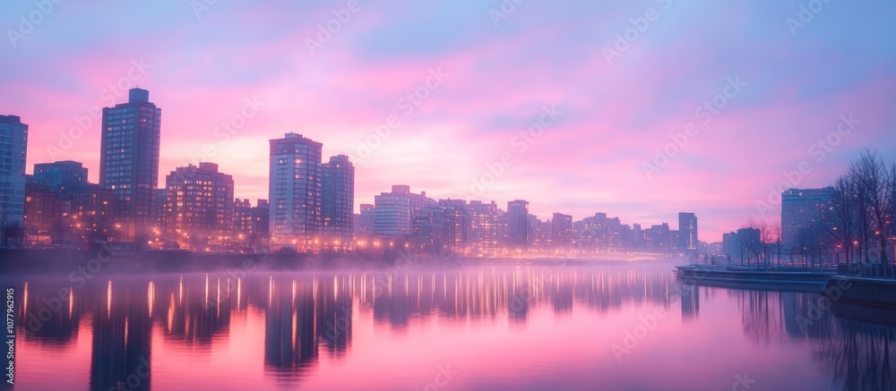 Fototapeta premium Cityscape reflected in a calm lake at sunrise with a pink and purple sky.