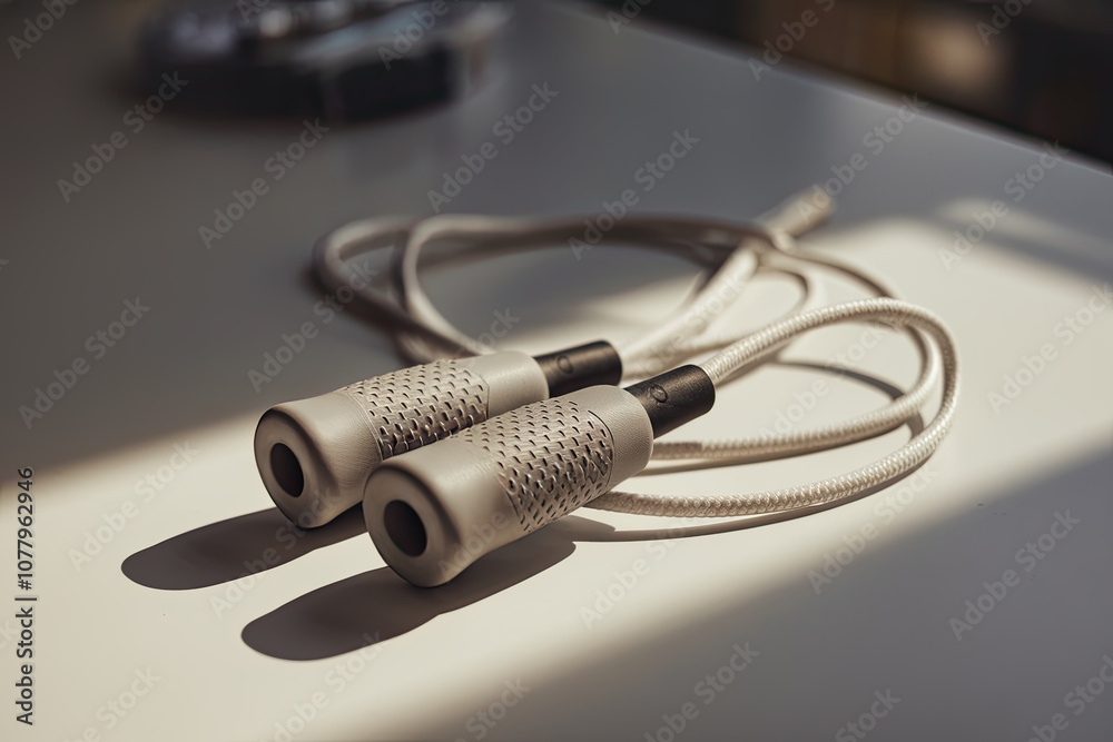 Skipping rope with ergonomic handles on a white surface Skipping rope with ergonomic handles on a white surface